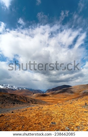 Steppe, desert landscape: dry earth with rare plants as a foreground and mountains at the skyline with sky and clouds as a background. Altai mountains (Russia)