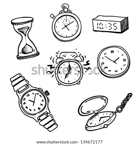 hand drawn set of doodle clocks and watches