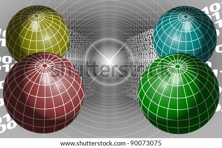 An abstract illustration of globes and a binary code with a black and white background / Global connection