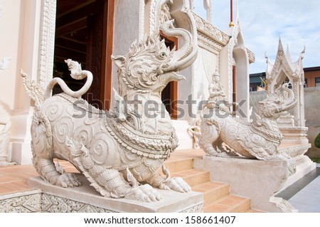 The animal in fairy tale,mix elephant lion and snake together at Wat Khoi, Phetchaburi, Thailand