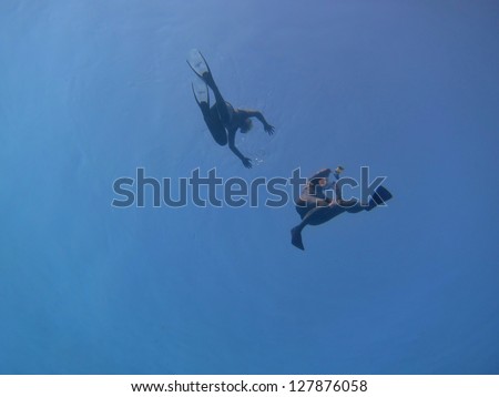 two swimming women photographed from the deep