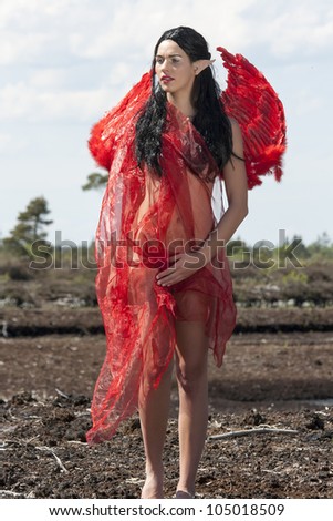 Elf with red wings and stands in the mud cloth / Elf with red wings