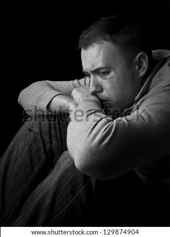 Alone Portrait, Man Sitting On Floor Thinking Black And White With Copy ...