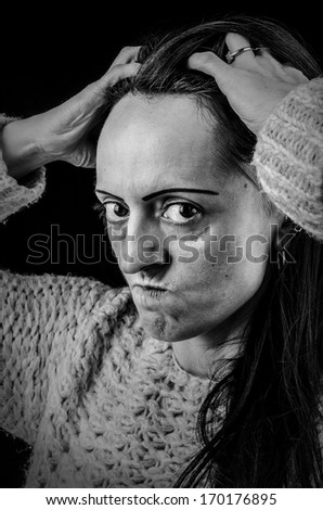 portrait of frustrated, angry woman, black and white portrait