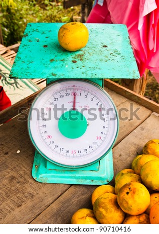 weighing machine, and citrus fruits were placed on top.