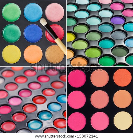 Set of colorful makeup palettes. Makeup background