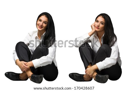 Happy and sad business women sitting against grey background. Career or business concept