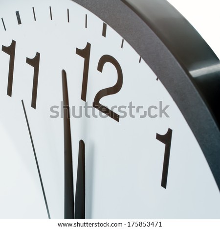 Close up of clock face showing the hands at two minutes to midday