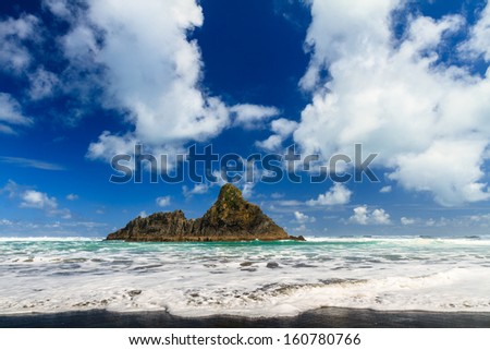 Summer Landscape with Rock in the Sea, Clouds and Blue Sky on the Tasman Sea Coast, Karekare Beach, Auckland Region, New Zealand