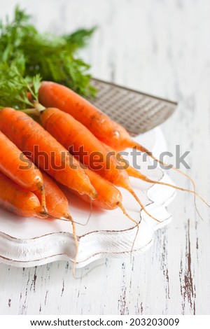Fresh organic kitchen garden carrots with grater on vintage wooden plate close-up.