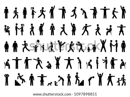 Set people icon, action pictogram black, stick figure human silhouettes, various man postures and movements, vector symbols ストックフォト © 