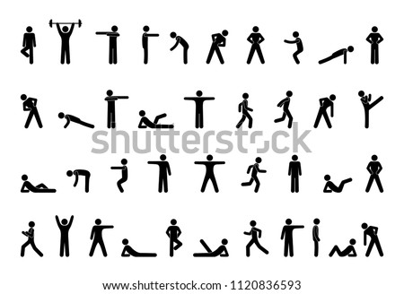 stick figure of a person, fitness, gym icon isolated, pictogram man doing exercises, human silhouette, sport symbol