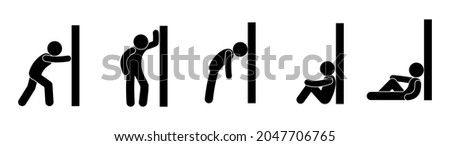 man pushing the wall, set of isolated pictograms, stick figure icons people, human silhouette stands, sits, lies near the wall