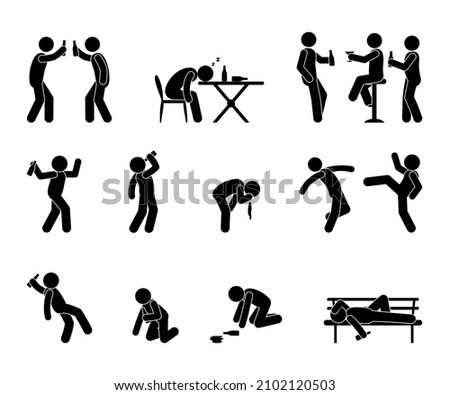 Drunk people, alcohol abuse, alcoholism illustration. A set of people with alcohol addiction, a man staggers, falls, fights. Asocial behavior under the influence of addiction.