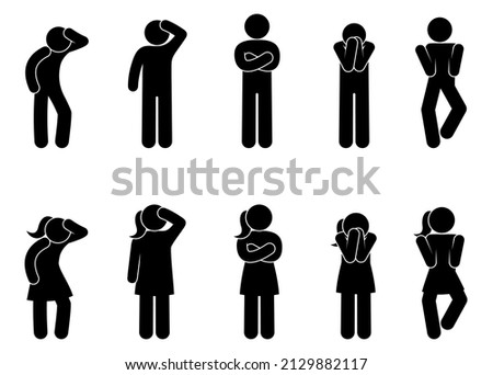 stick figure man icon, various gestures and poses of men and women, isolated human silhouettes