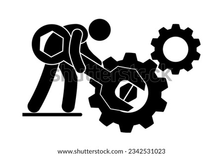 locksmith repairs mechanism, repair and technical support icon, man turns gears with wrench