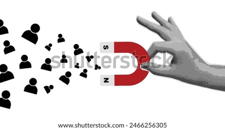 female hand holds magnet, illustration attracts users, trendy halftone design, magazine style, magnets to attract customers, concept of digital marketing media technologies