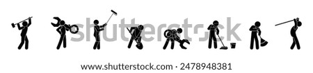 people working, man holding tools, isolated silhouettes of people, worker icon