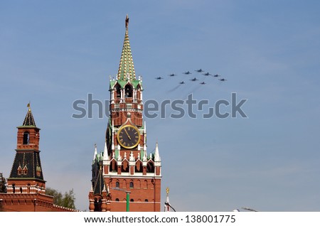 MOSCOW - MAY 9: Military aircraft on Victory Day parade on May 9, 2013 in Moscow. In Moscow Red Square parade is held to commemorate the 68th anniversary of the capitulation of Nazi Germany.