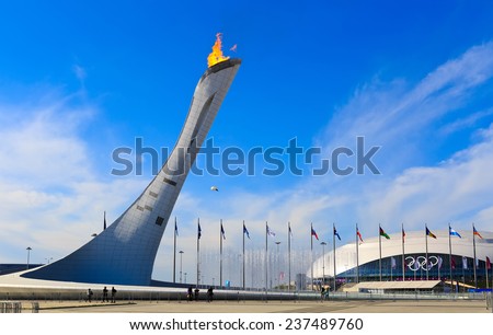 Sochi, Adler, Russia - February 14, 2014: the burning fire of Olympic games at the Olympic Park during the winter Olympic Games 2014