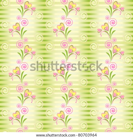 Flower pink and yellow heart stripe seamless pattern. Stripy green seamless pattern with flower heart. Romantic endless texture.
