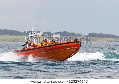 PORT ST. MARY, ISLE OF MAN, UK - AUGUST 22: Port Erin lifeboat (Atlantic 85 class) taking part in RNLI lifeboat festival on August 22, 2012 at Port St. Mary in the Isle of Man, UK.