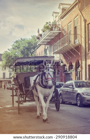 A horse and carriage in the French Quarter, New Orleans, Louisiana with vintage retro filter effect