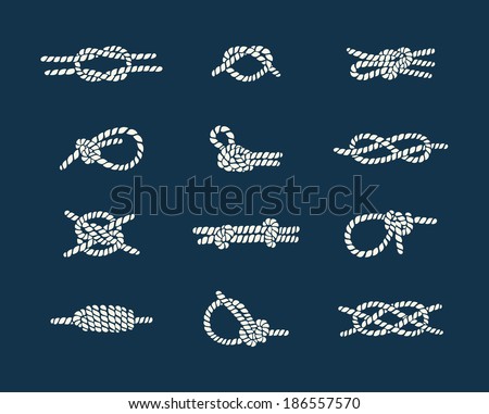 Vintage illustrations of white nautical rope knots over blue background