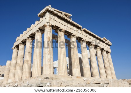 Columns in the Parthenon, the temple in the Acropolis of Athens in Athens, Greece.