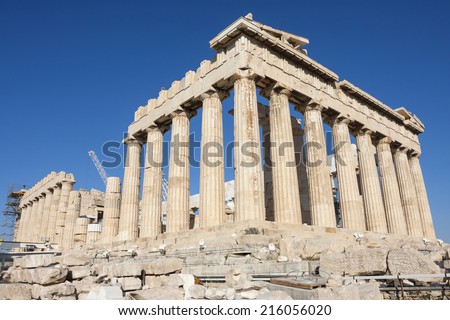 Reconstruction work on the Parthenon, the temple in the Acropolis of Athens in Athens, Greece.