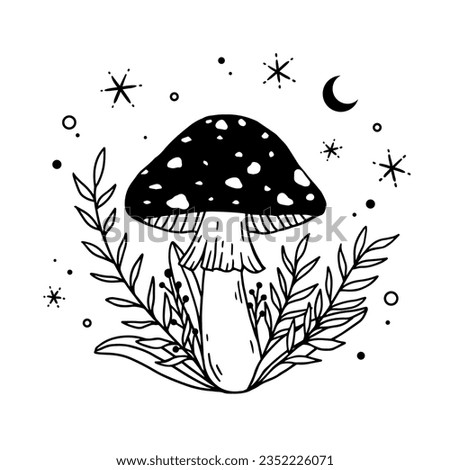 Mushroom Aesthetic, Mystical mushroom outline vector clipart. magic boho celestial line art