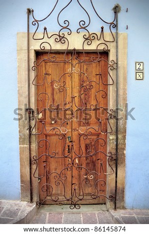 Old door with wrought iron protection