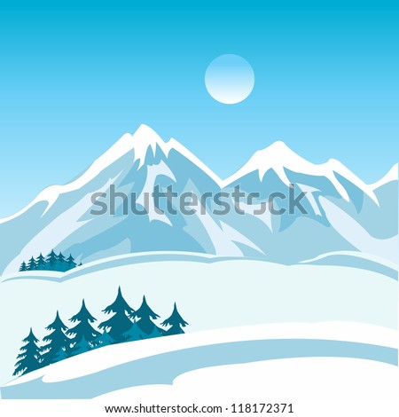 Illustration of the mountain landscape in winter