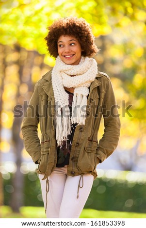 Autumn outdoor portrait of beautiful African American young woman - Black people