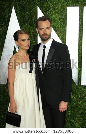 WEST HOLLYWOOD, CA - FEB 24: Natalie Portman, Benjamin Millepied at the Vanity Fair Oscar Party at Sunset Tower on February 24, 2013 in West Hollywood, California