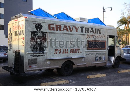 LOS ANGELES -APR 25: Gravy Train Food Truck in Hollywood serving fries and gravy on April 25, 2013 in Los Angeles, California
