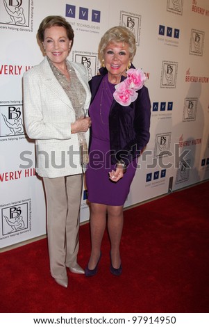 LOS ANGELES - MAR 18: Julie Andrews; Mitzi Gaynor arrives at the Professional Dancer\'s Society Gypsy Awards at the Beverly Hilton Hotel on March 18, 2012 in Los Angeles, CA