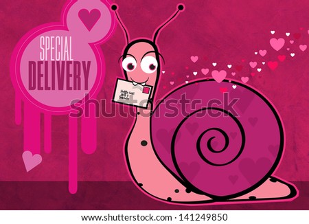 Happy valentine\'s day snail with heart trail and special delivery.