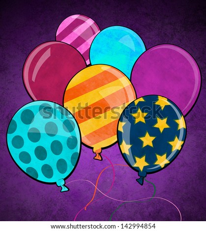 A birthday balloon collection on purple textured background, colors and patterns.