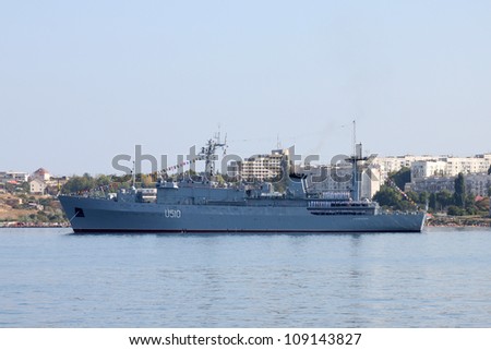 SEVASTOPOL, UKRAINE - JULY 29, 2012 - Command ship U510 Slavutych at Ukrainian Fleet Day and Day of Russian Navy in Sevastopol on 29 of July, 2012.