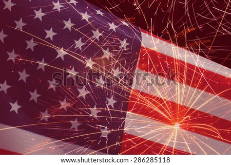 holiday background with fireworks over United States flag