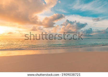 Closeup sea sand beach. Panoramic beach landscape. Inspire tropical beach seascape horizon. Orange and golden sunset sky calmness tranquil relaxing sunlight summer mood. Vacation travel holiday banner ストックフォト © 
