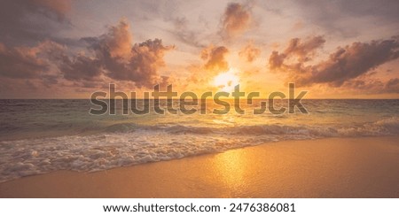 Image, Stock Photo sunset on the coast of the lake. Natural landscape. reflection, night city illumination, blue sky and yellow sunlight. landscape during sunset.