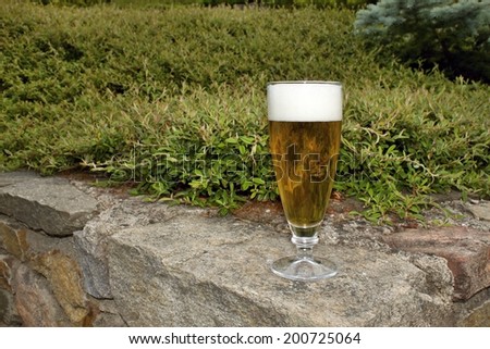 glass of beer on a stone wall, garden party