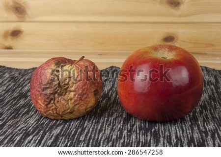 Two different apples, fresh and withered. Moldy apple as concept of skin problems. Rotten apple.