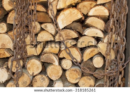Background of stacked wood. Ready firewood. Various kinds of wooden logs stacked on top of each other. Stack of wood, firewood, background. Dry chopped firewood logs ready for winter.