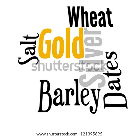Gold, Silver, Dates, Wheat, Barley & Salt items in words clouds isolated in white background