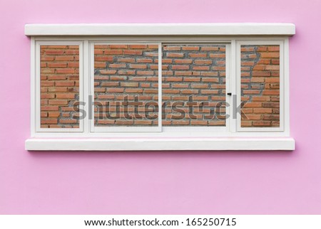 Background window frame in the wall pink Brick backdrop.