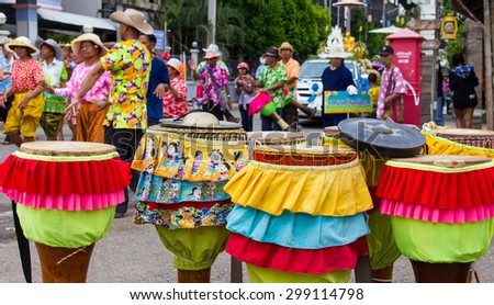 Long drums colorful rag.
Thailand many drum decorated with colorful rag is placed with the dance tradition.On April 20, 2014 in Phichit, Thailand.