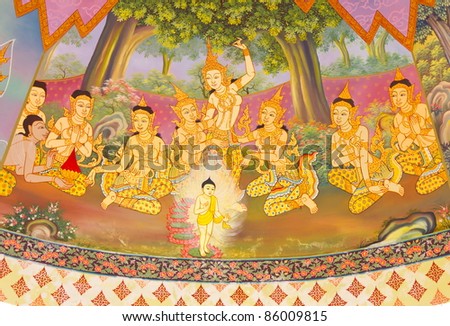 Painting on temple wall about buddha, Buddha\'s biography at province one of Thailand.